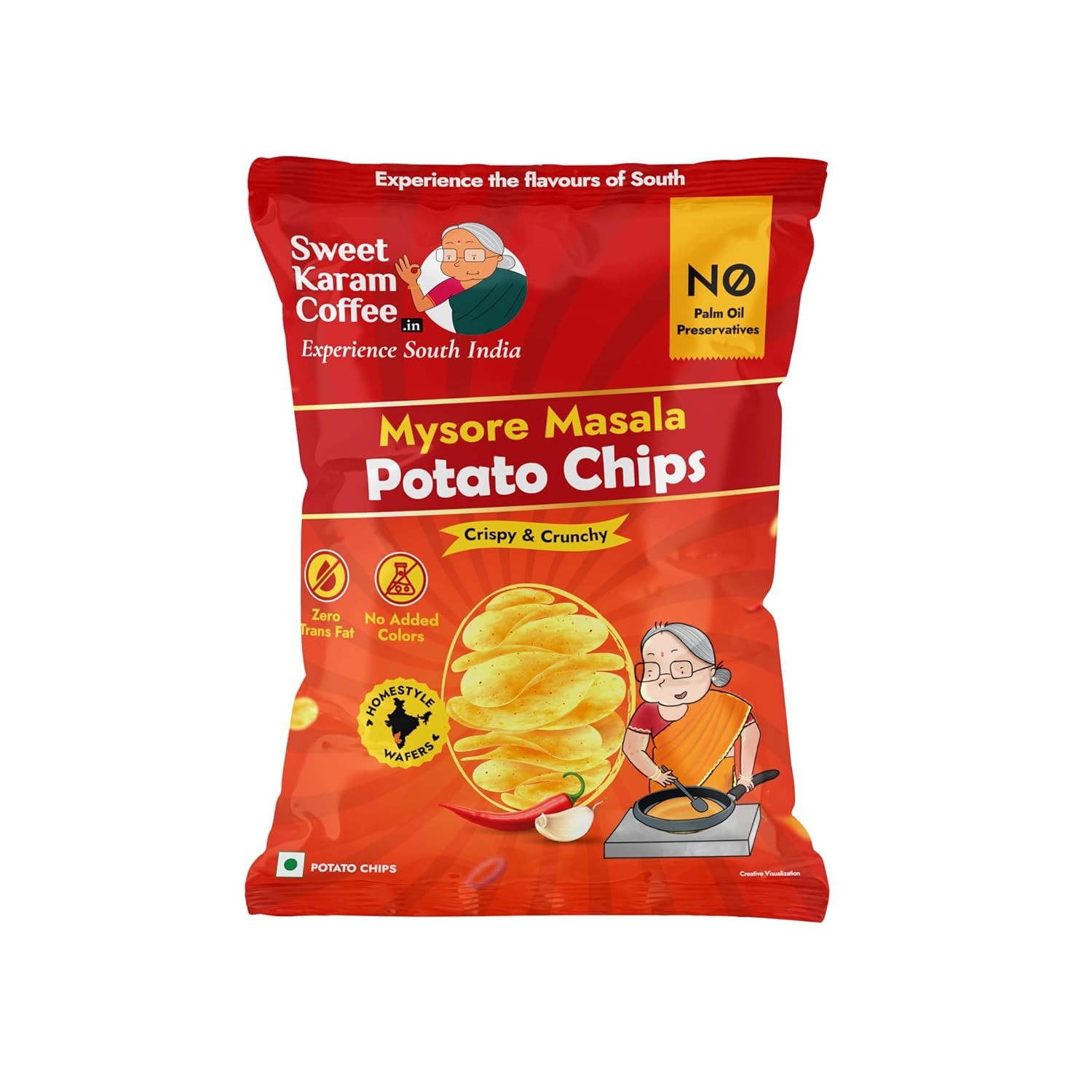 Sweet Karam Coffee Potato Chips | Mysore Masala Flavour | Spicy & Crispy Snack | No Palm oil & Preservatives | Authentic South Indian Taste | Tea-Time Munchies | Handcrafted Potato Wafers | 60g Pack